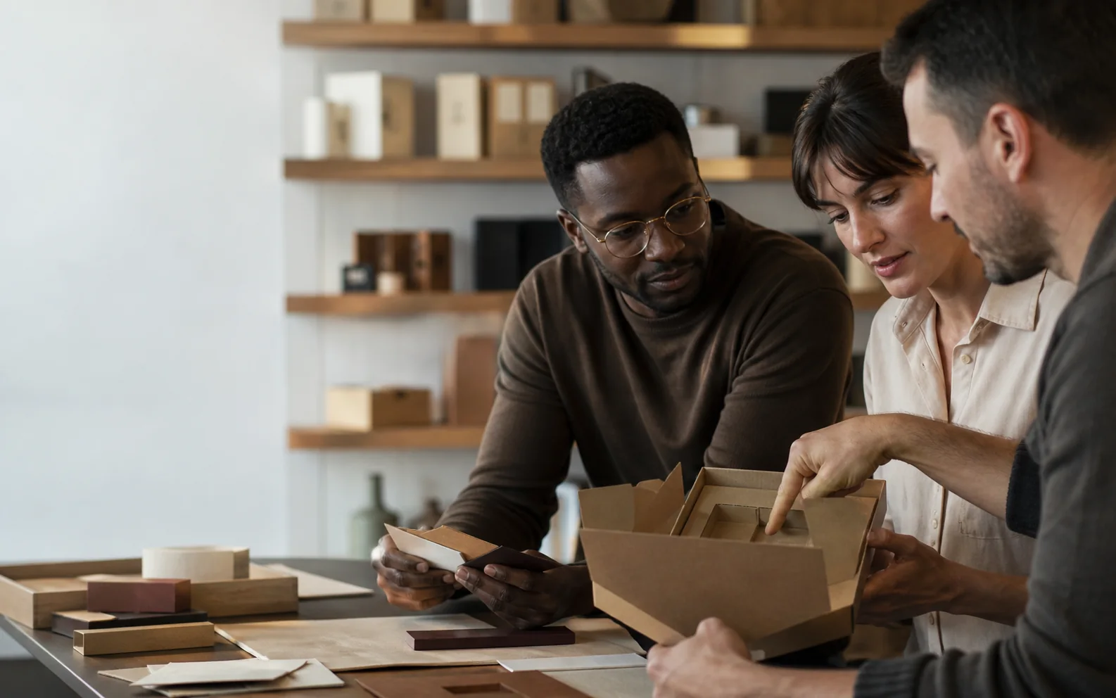 Cross-functional packaging team reviewing a box prototype