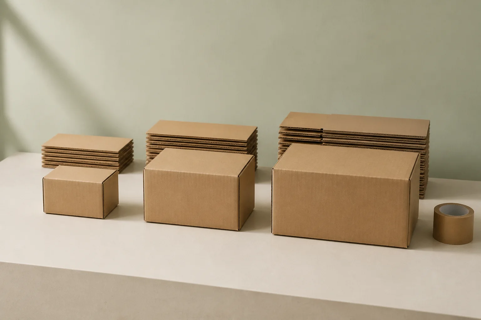 Three unprinted kraft carton sizes with matching stacks of flat-folded boxes on a tidy packing bench