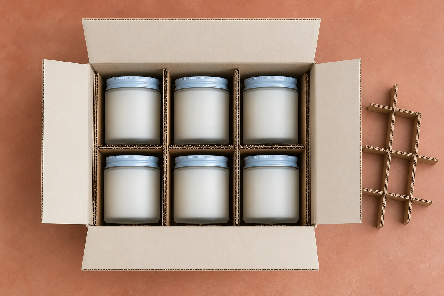 Six frosted glass candle jars separated by fitted corrugated dividers inside a wholesale master carton