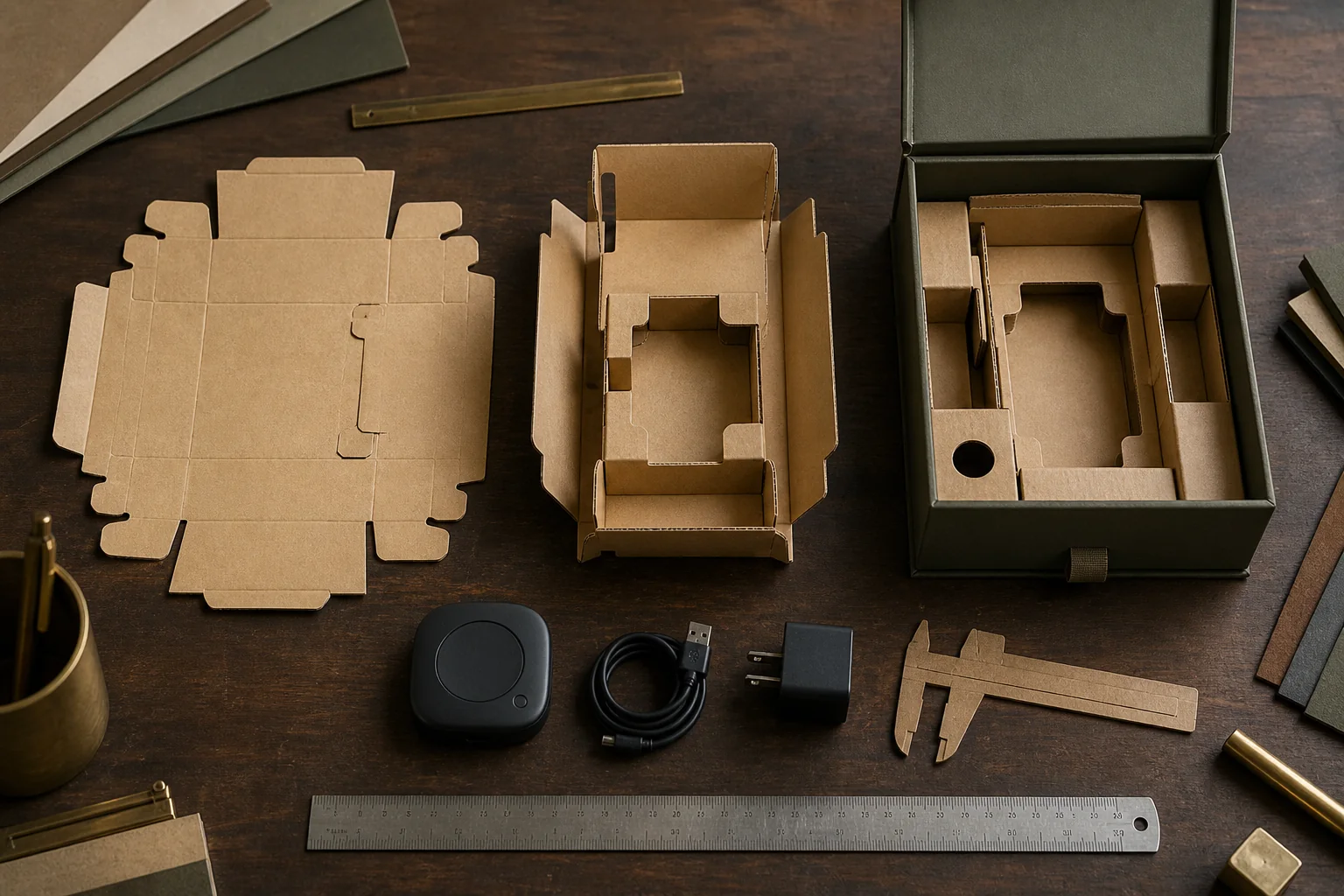 Flat blank, folded corrugated insert and completed multi-compartment rigid box arranged on a packaging design workbench