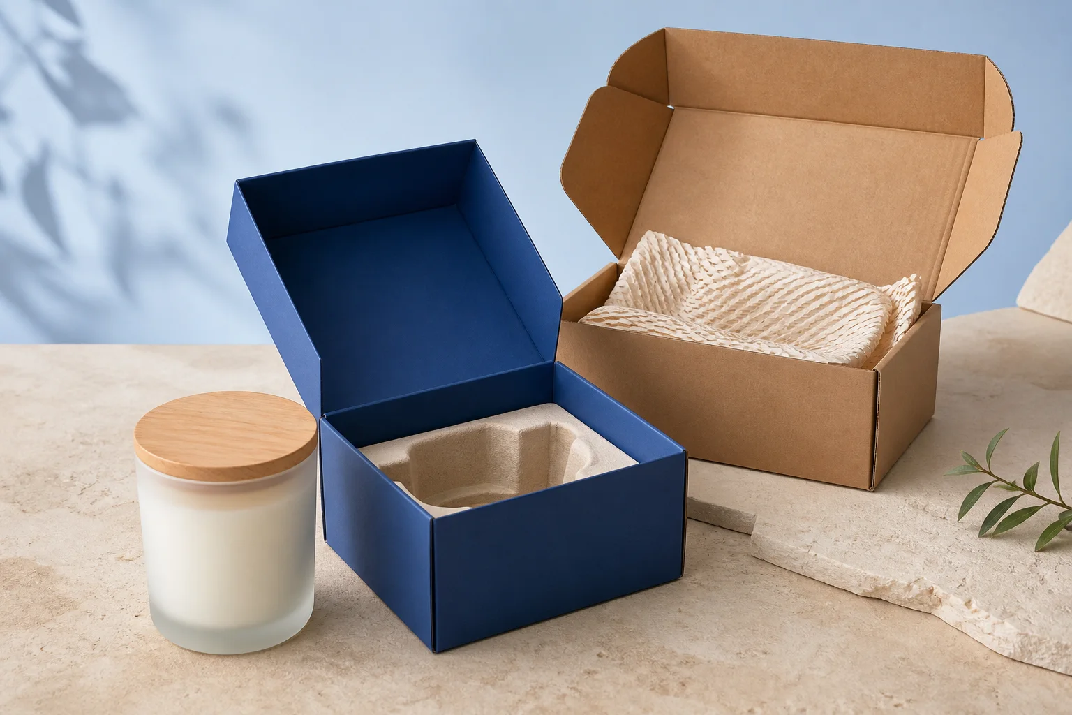 Frosted glass candle jar beside a blue custom retail box with molded fiber insert and kraft shipping mailer