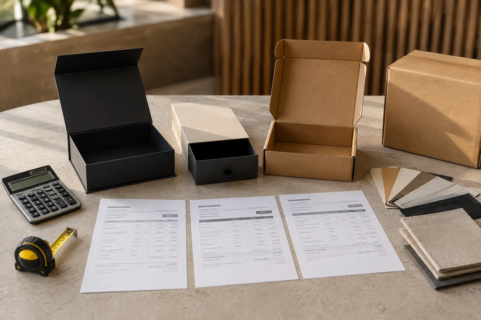 Magnetic rigid box, drawer box and corrugated mailer samples arranged beside quotation sheets and measuring tools