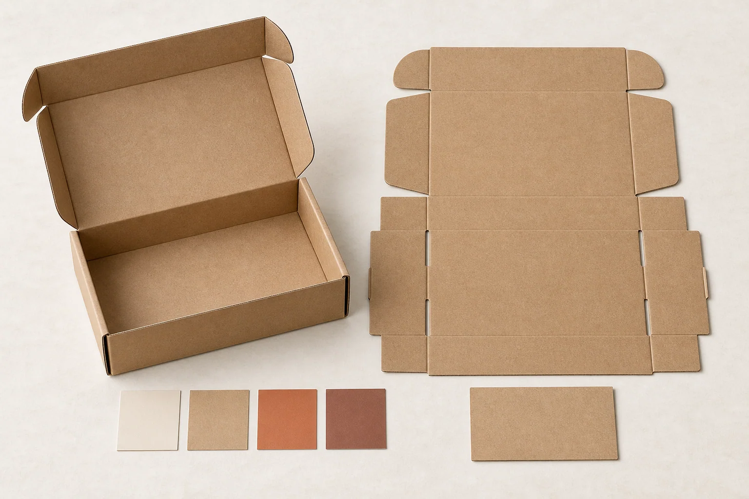 Kraft custom mailer box beside its complete unfolded panel layout