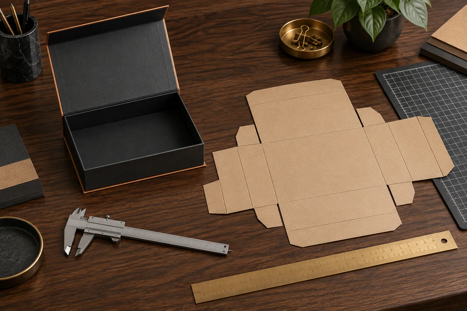 Magnetic rigid box shown beside its flat wrap layout for production review