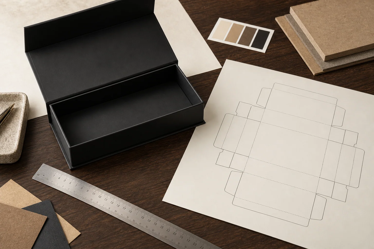 Custom rigid box, flat dieline drawing and production measurement tools
