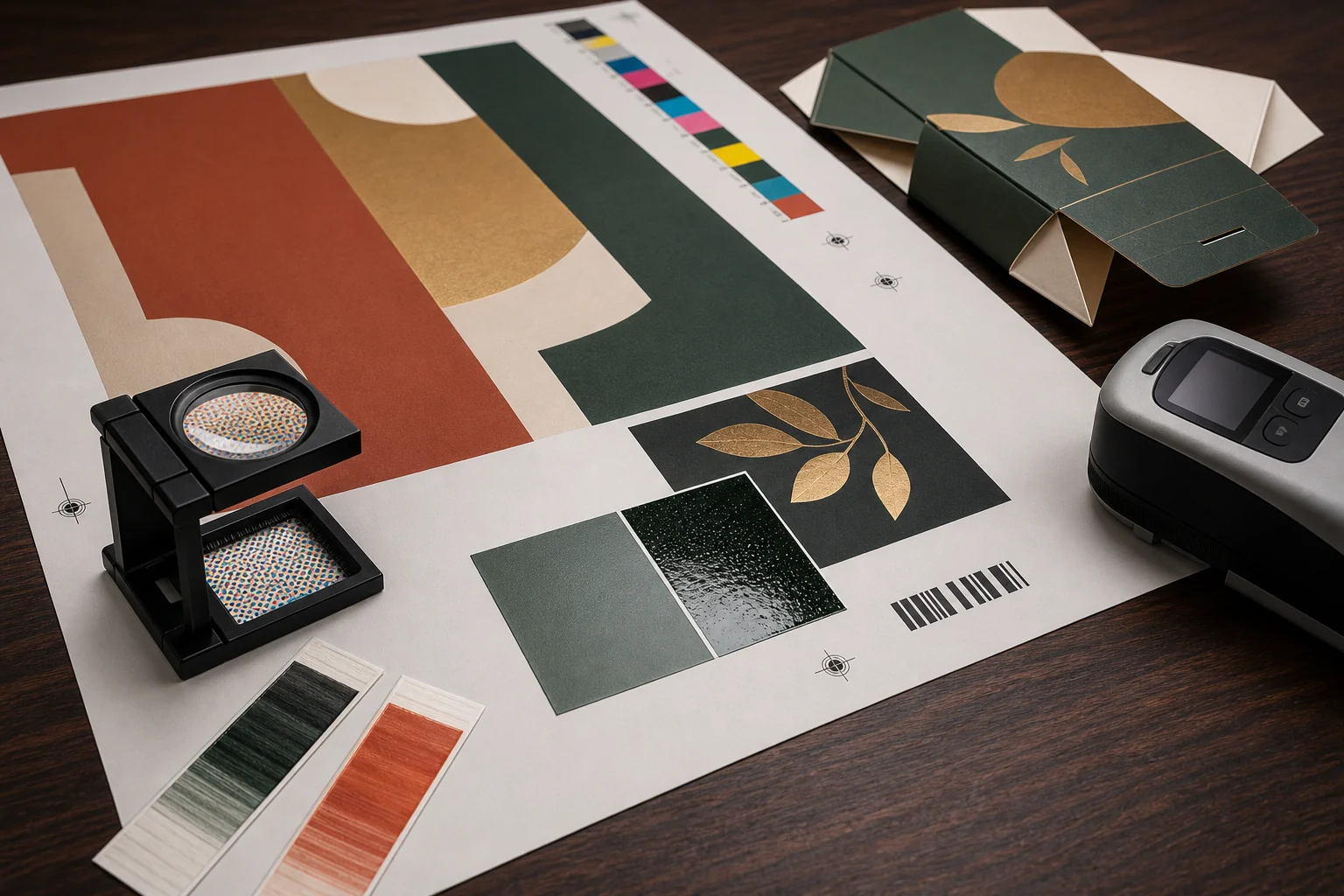 Packaging press sheet with color bars, print loupe, ink drawdowns and spectrophotometer
