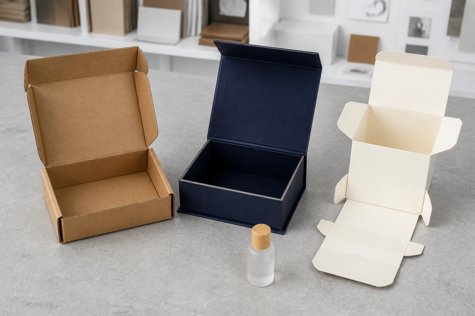 Mailer box, magnetic rigid box and folding carton compared side by side