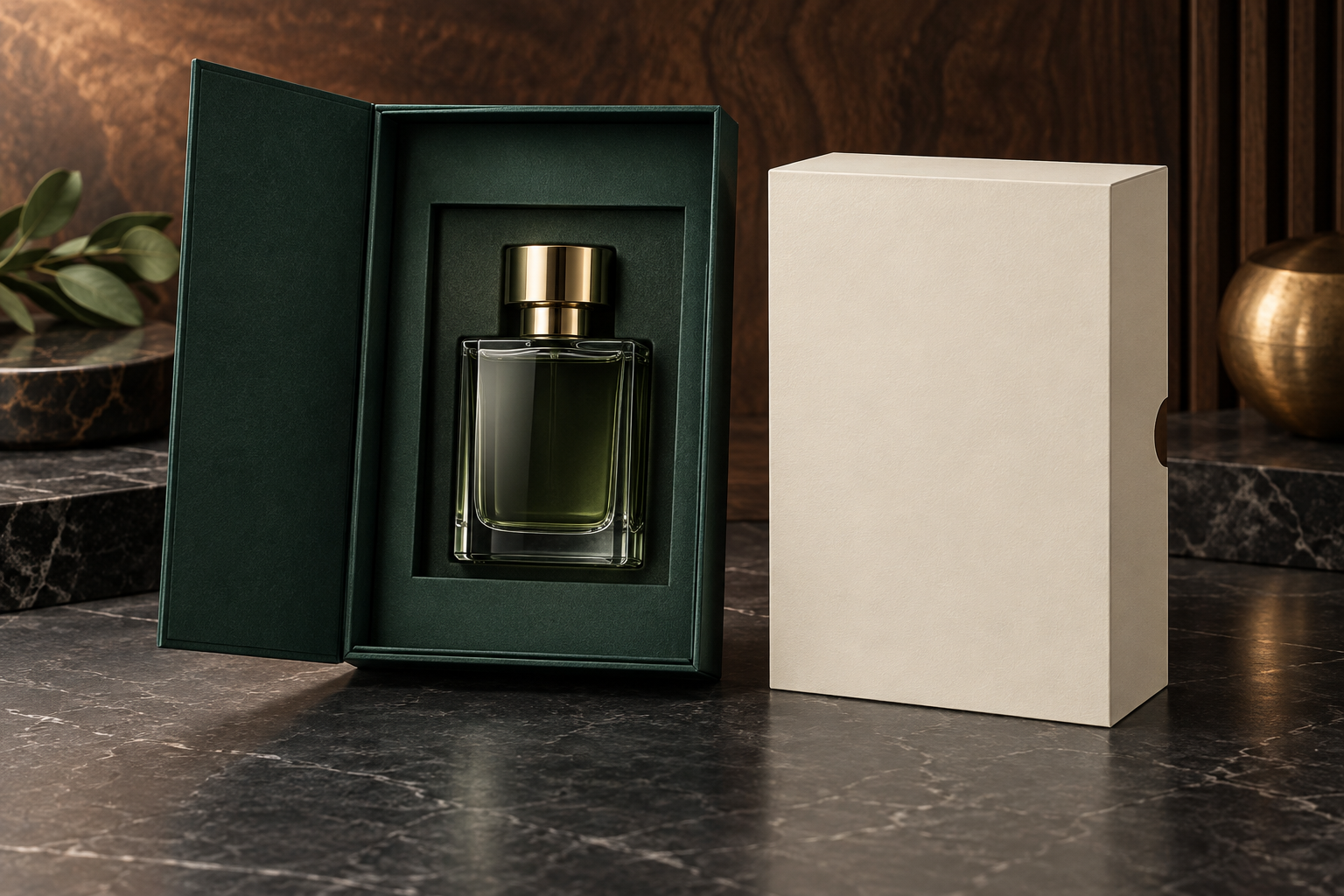 Green magnetic perfume gift box with fitted insert and fragrance bottle