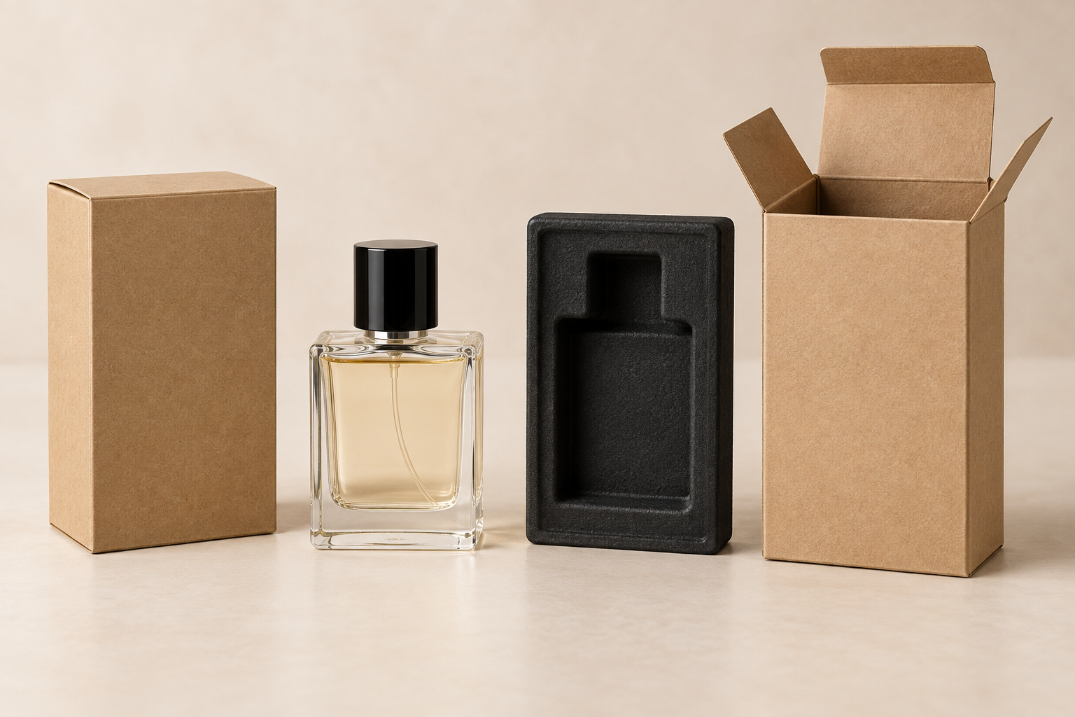 Perfume bottle, molded pulp insert and kraft fragrance cartons shown as a complete packaging system