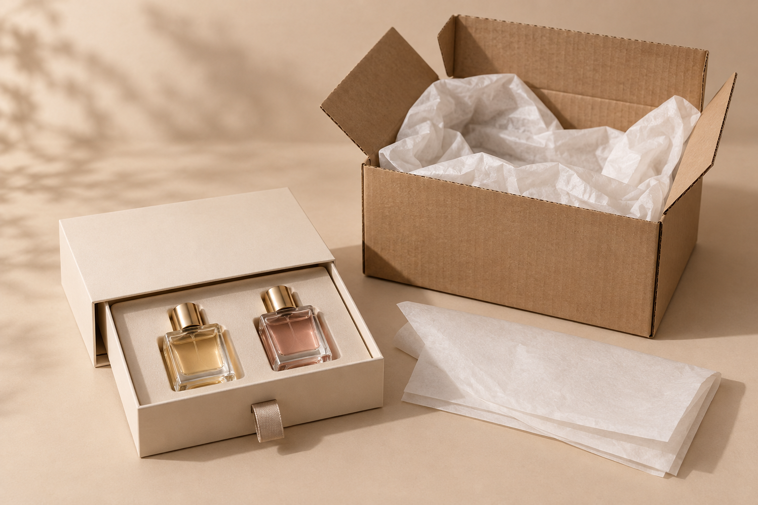 Perfume discovery set in drawer box beside protective corrugated shipping carton and tissue