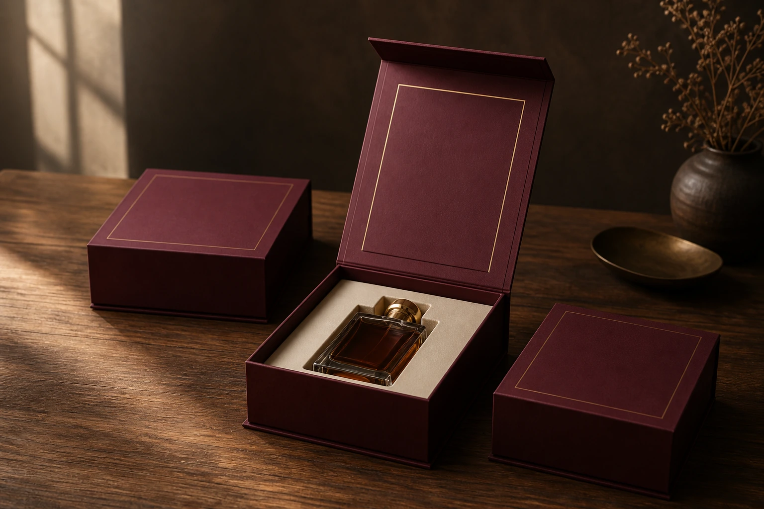 Burgundy premium rigid gift boxes with an open perfume presentation box