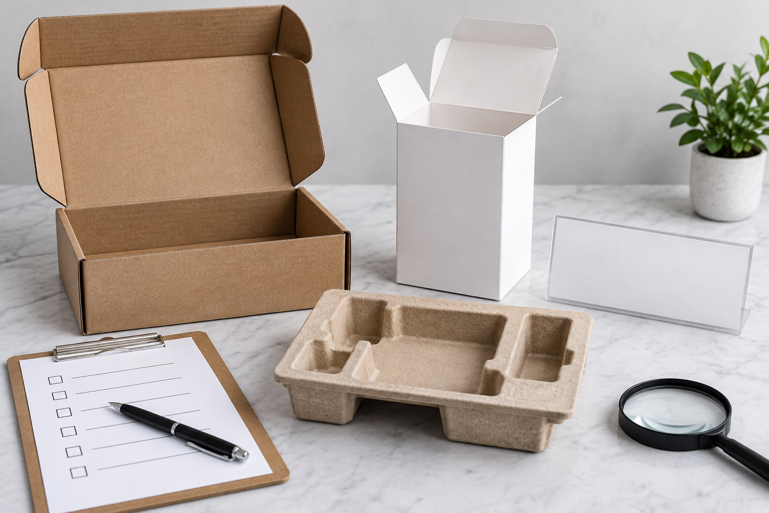 Custom retail carton, mailer box and protective insert prepared for a packaging quality-control review