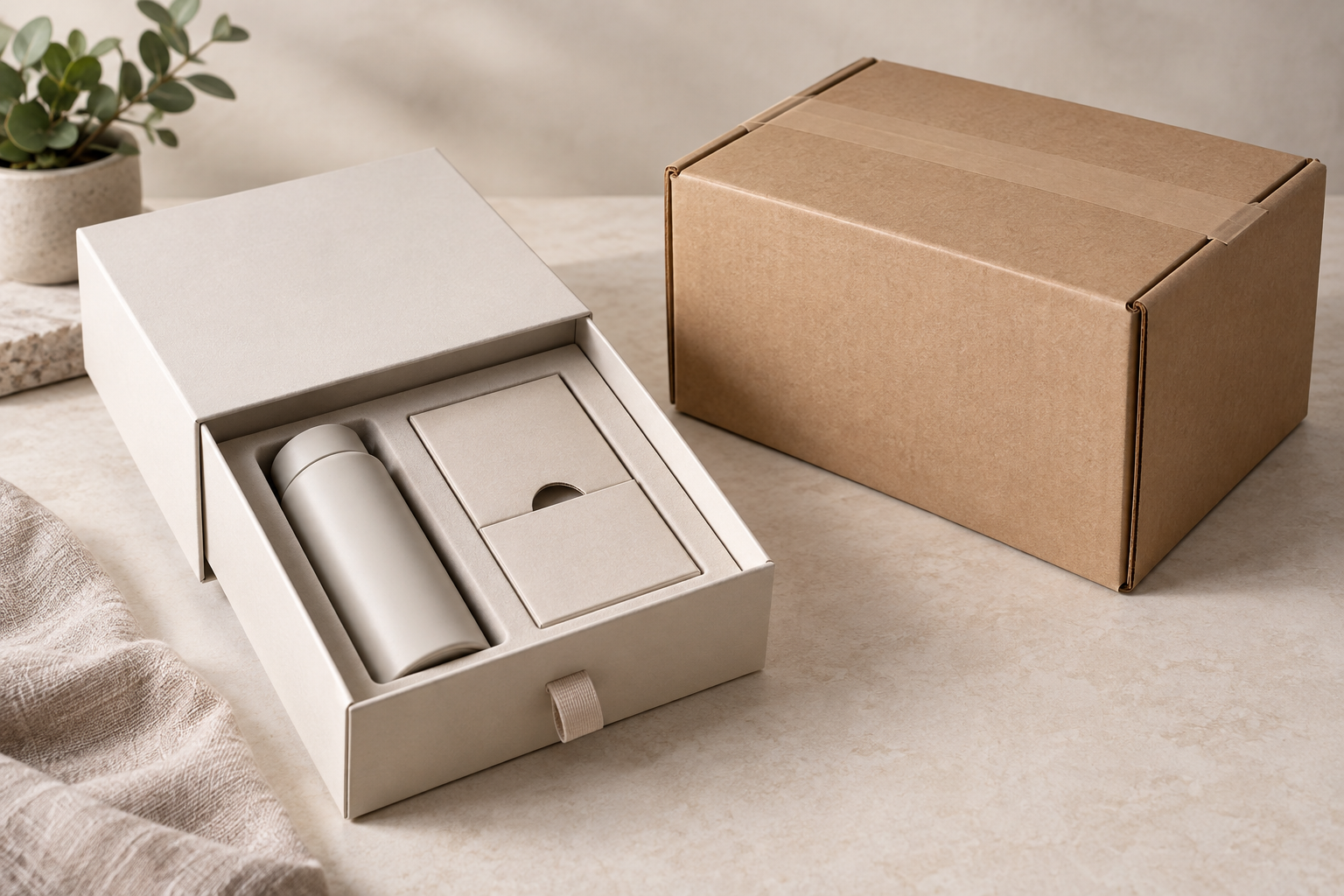 Drawer gift box, fitted insert and corrugated shipping carton showing retail presentation and parcel protection