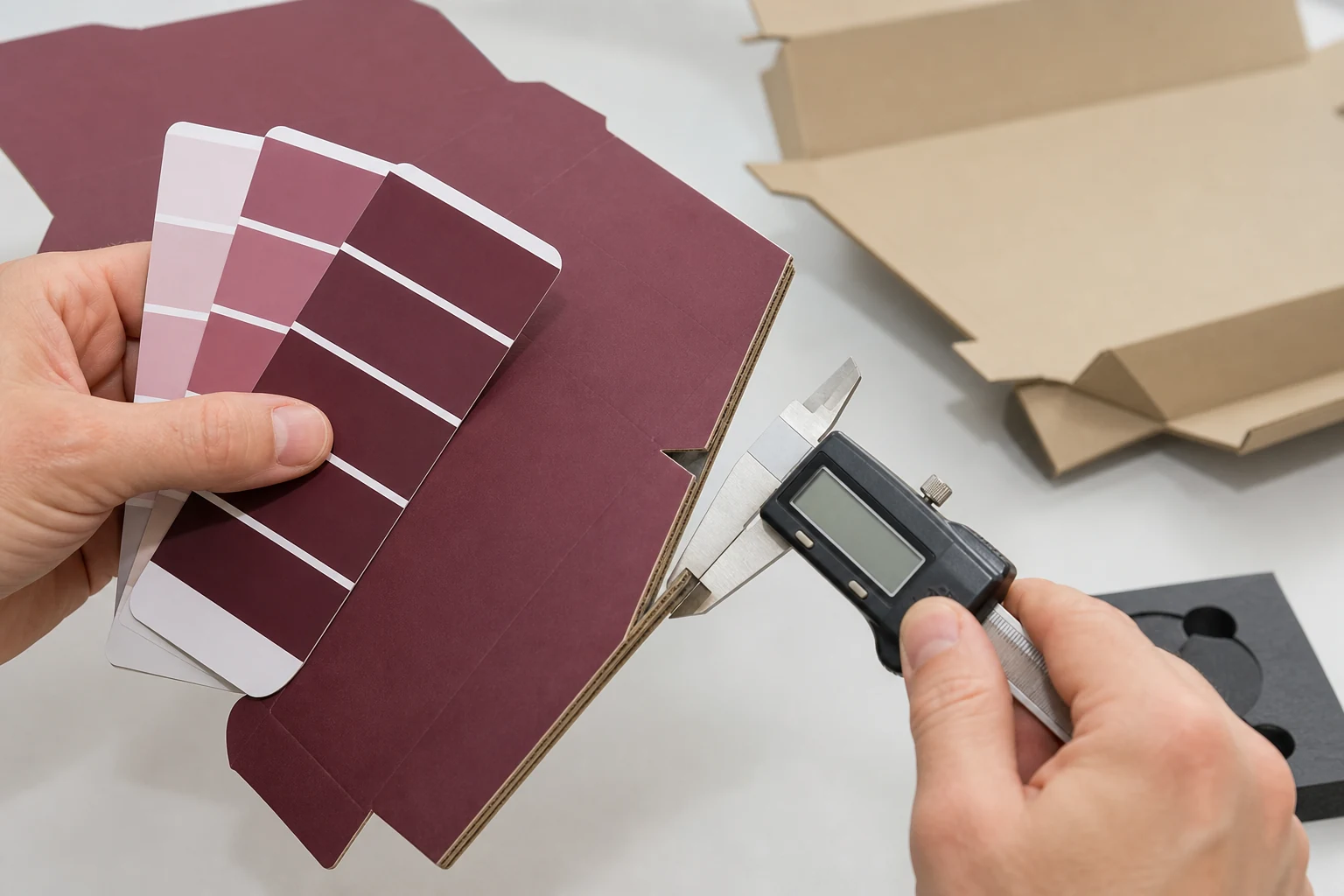 Packaging inspector comparing a printed color sample and measuring board thickness