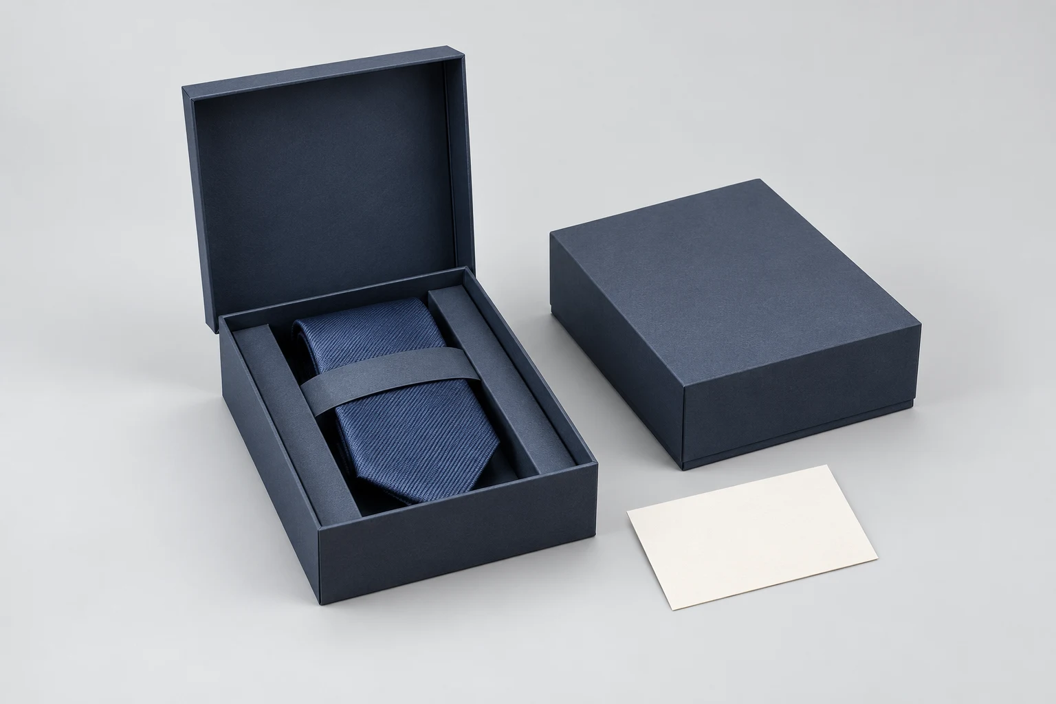 Open charcoal-blue magnetic gift box holding a necktie beside a closed box and a blank review card