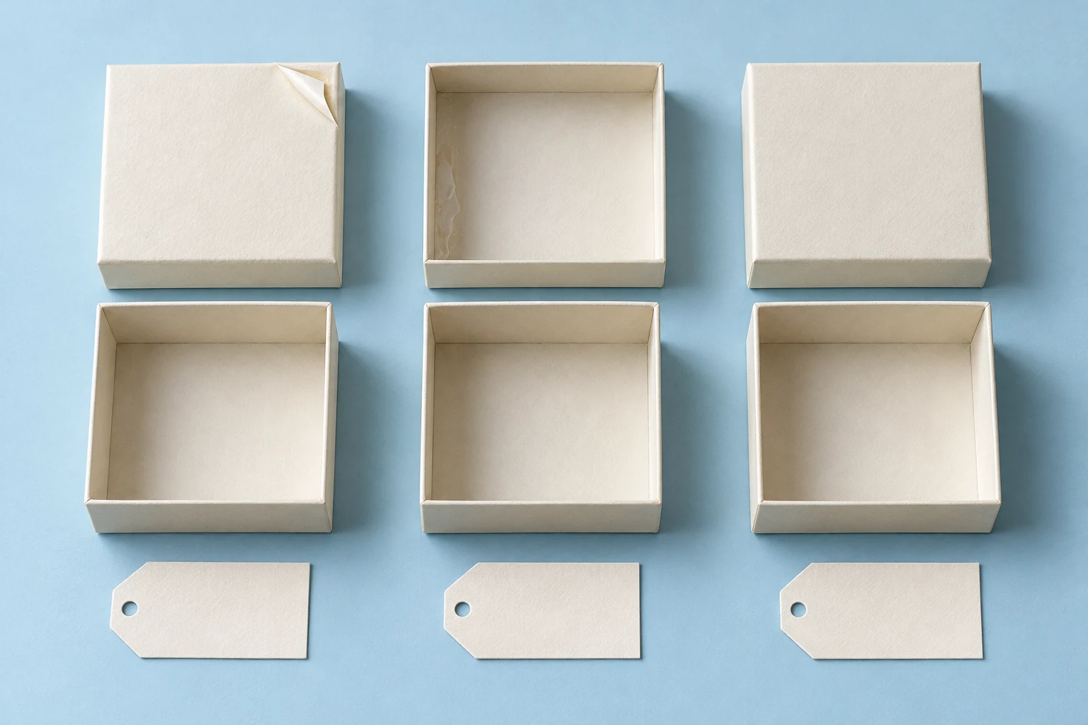 Illustrative ivory box samples showing lifted wrapping paper, a glue smear and a clean surface for comparison