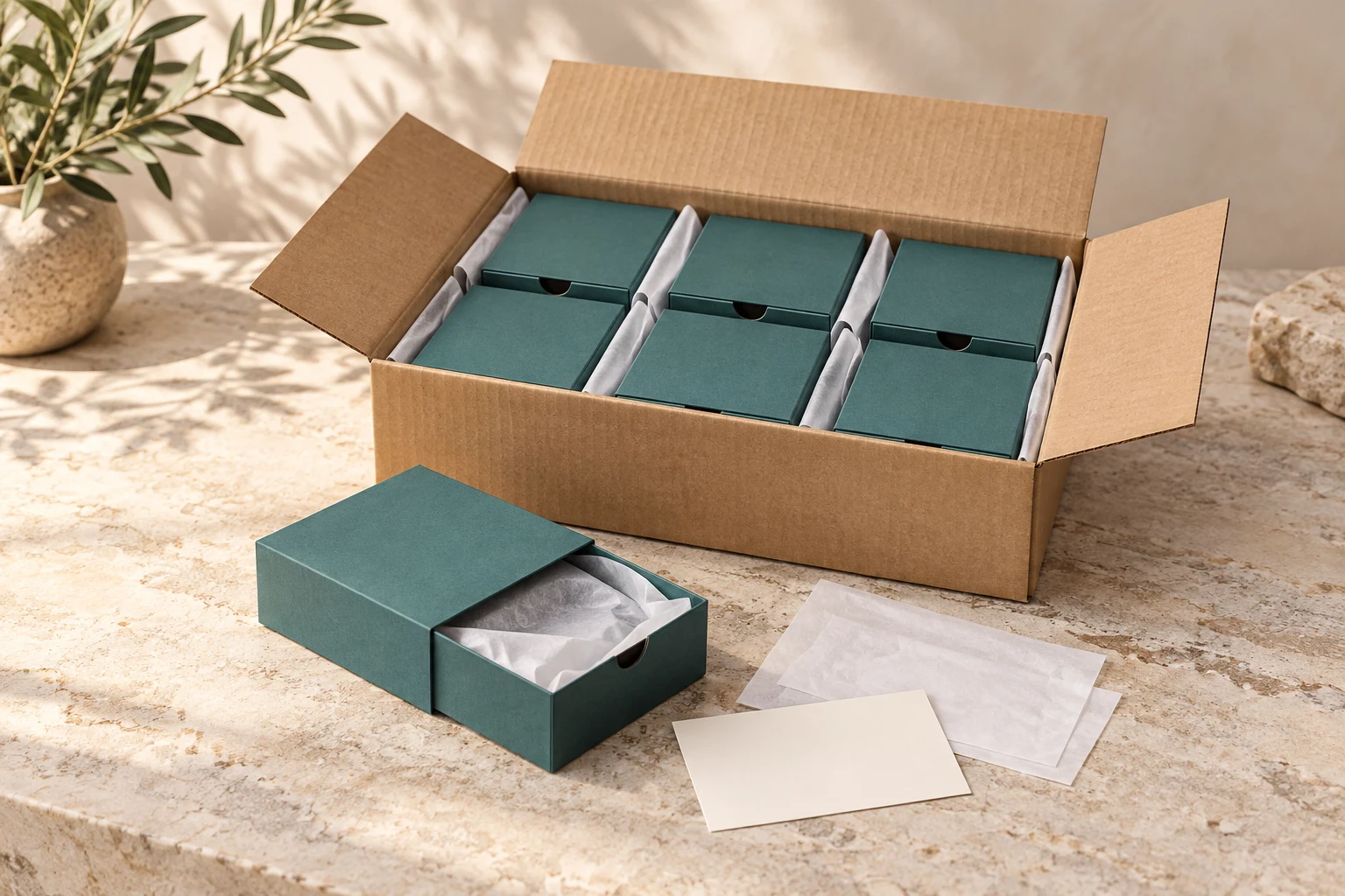 Teal drawer gift boxes separated inside a master carton with one sample outside for pack-out review