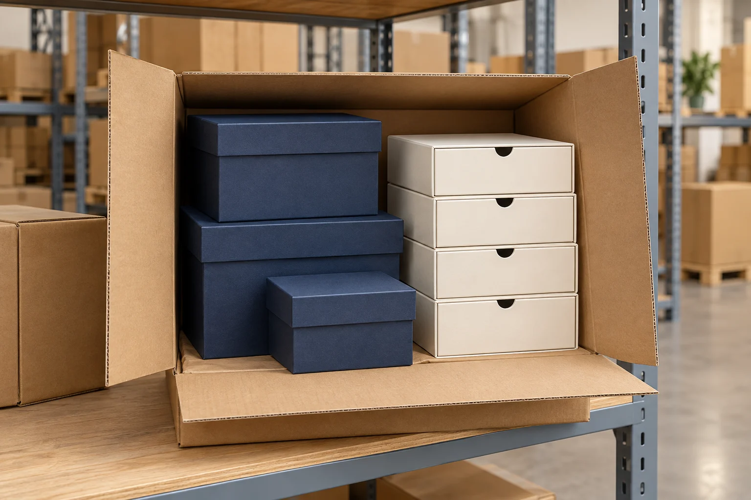 Rigid gift boxes and drawer boxes stored in a protective carton on raised shelving