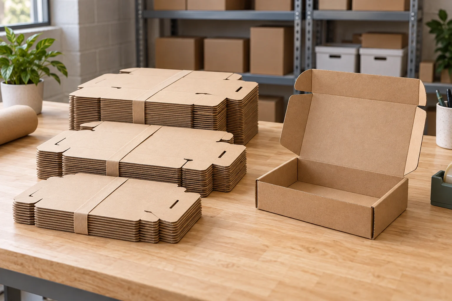 Flat kraft mailer bundles beside an assembled mailer on a clean packing bench