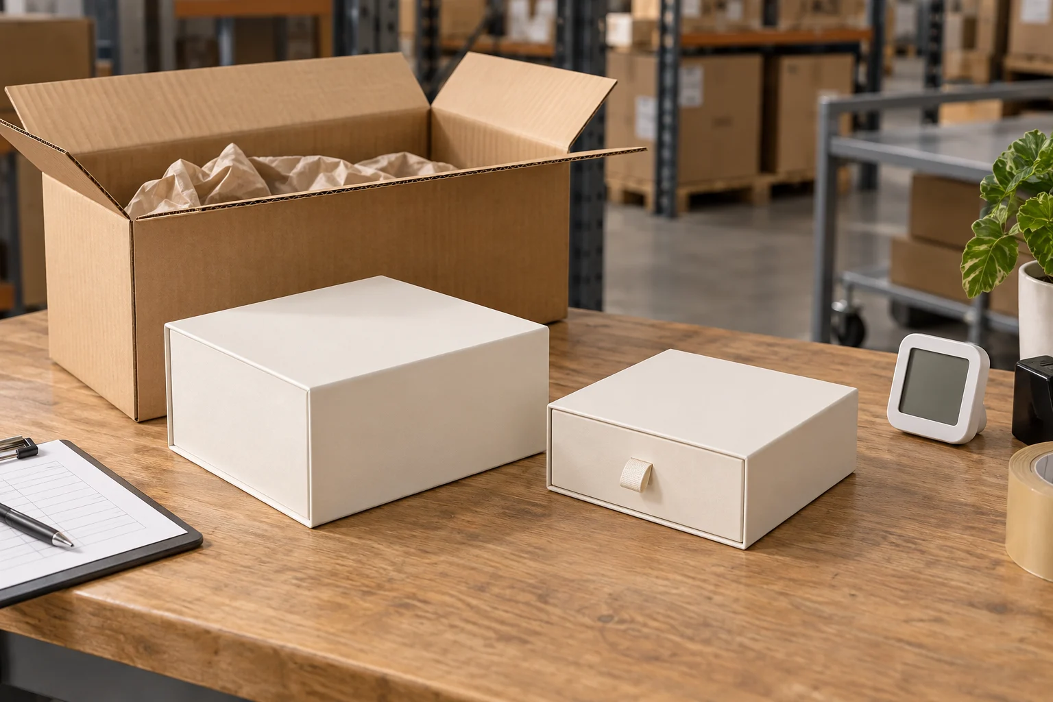 Ivory gift boxes inspected beside a master carton and environmental sensor