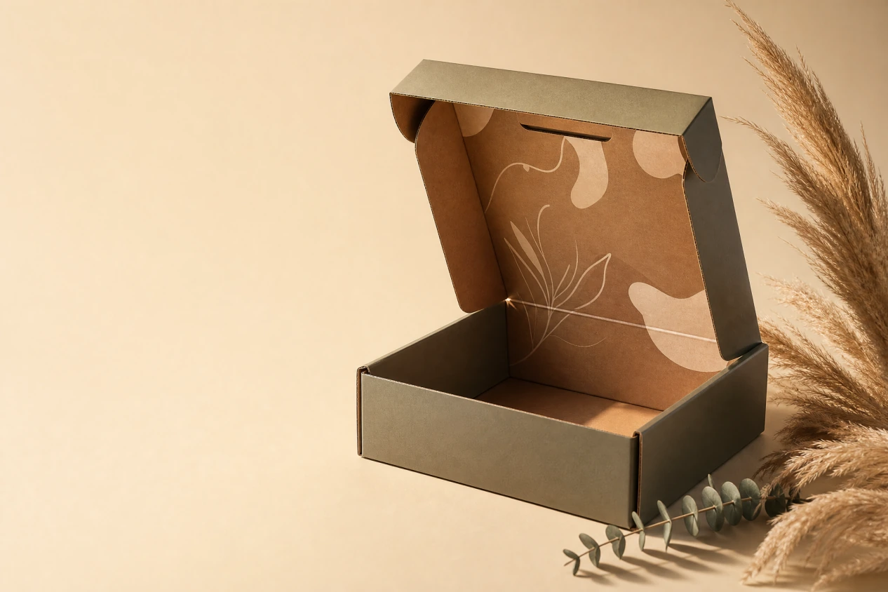 Open kraft corrugated mailer box on a packing table