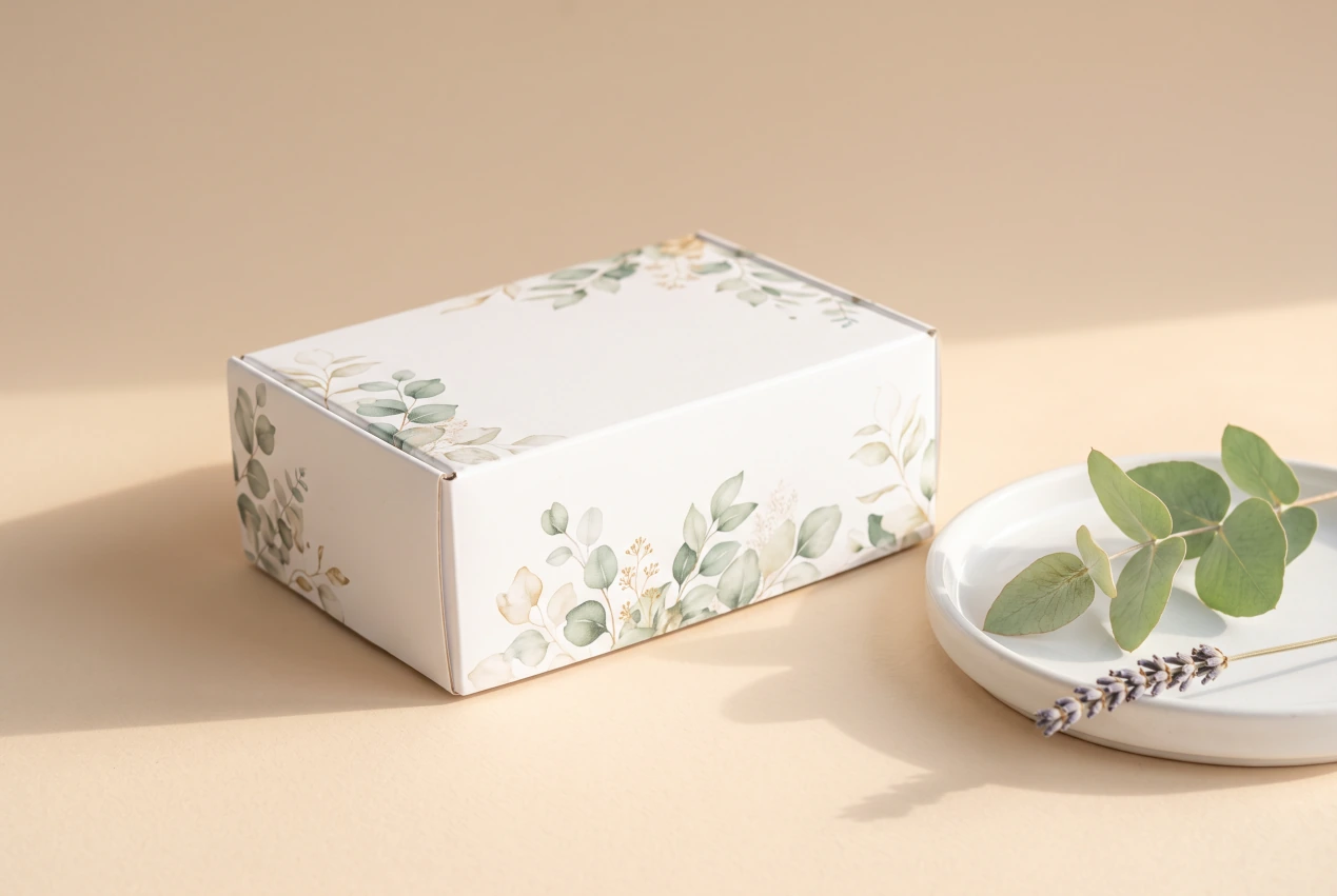 Printed white folding carton with botanical graphics