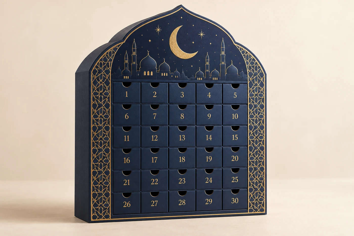 Custom Ramadan Calendar Gift Boxes design concept with numbered drawers