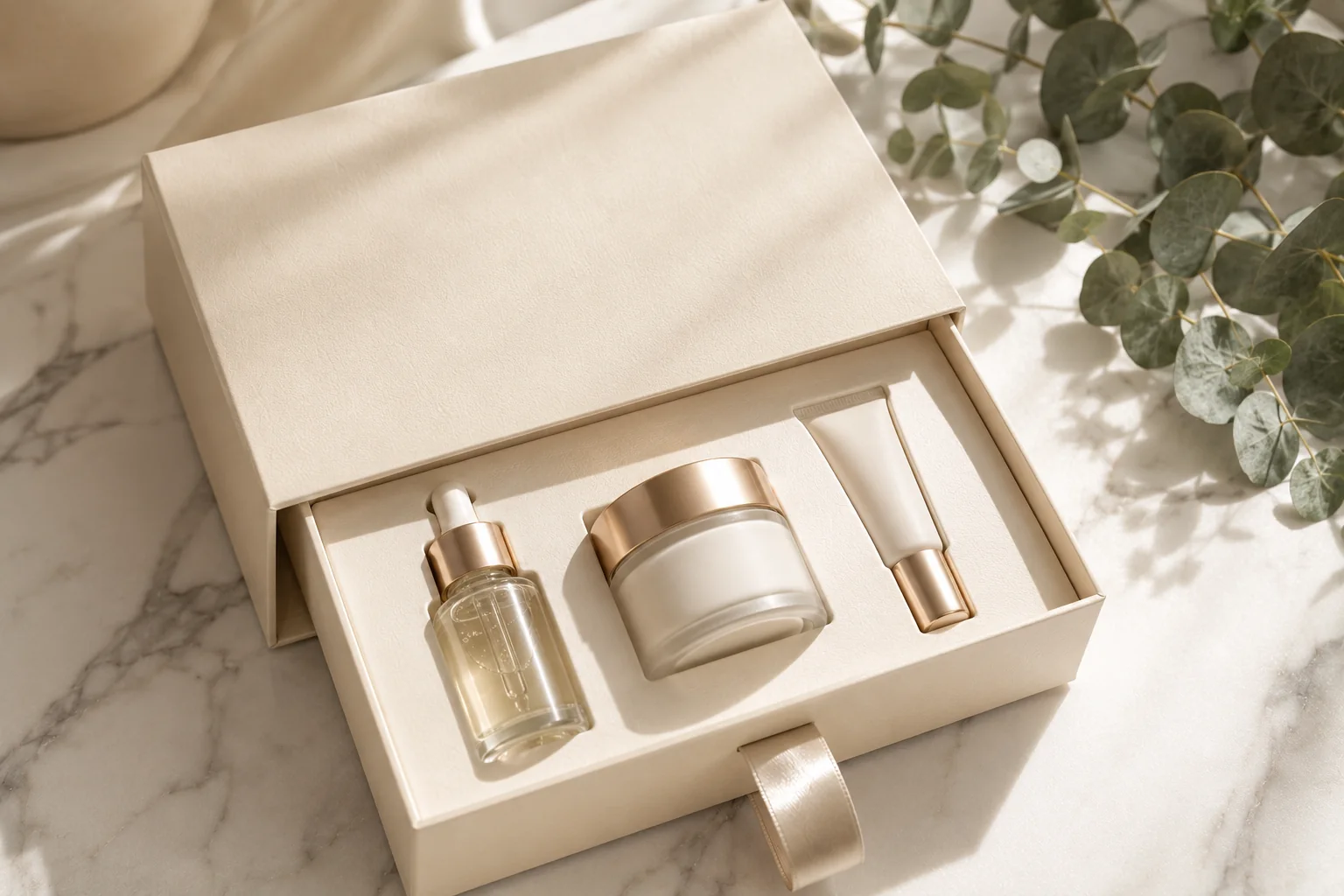 Cream beauty presentation box containing serum, cream and treatment tube