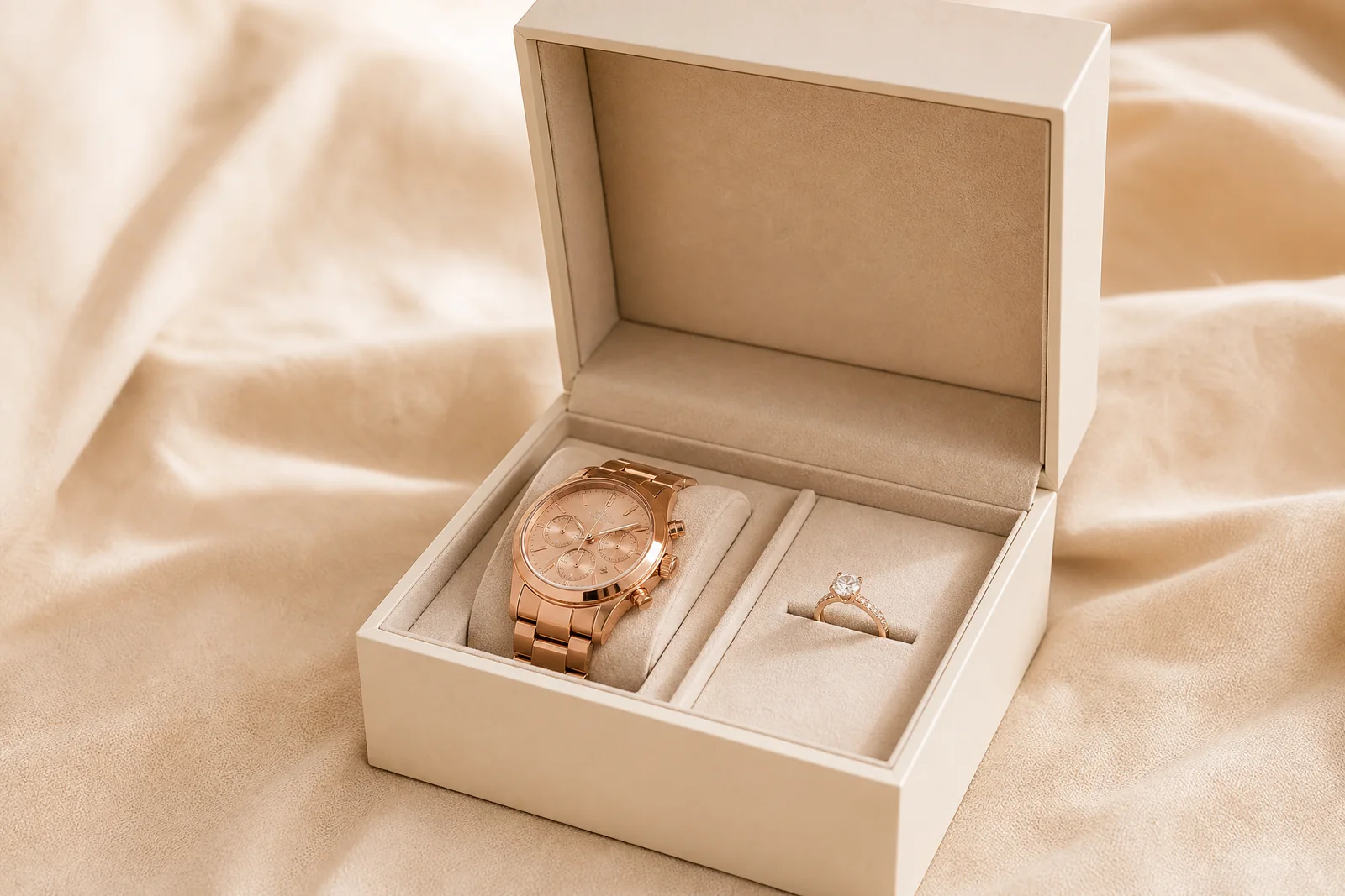 Champagne presentation box containing a watch and ring