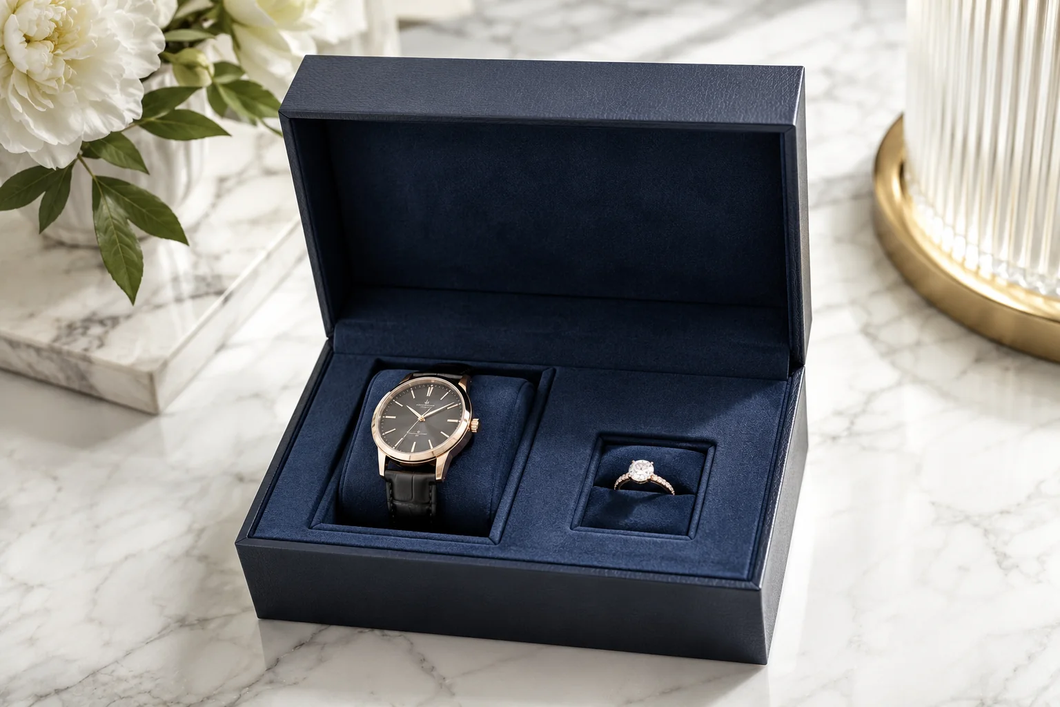 Deep navy velvet presentation box containing a watch and ring