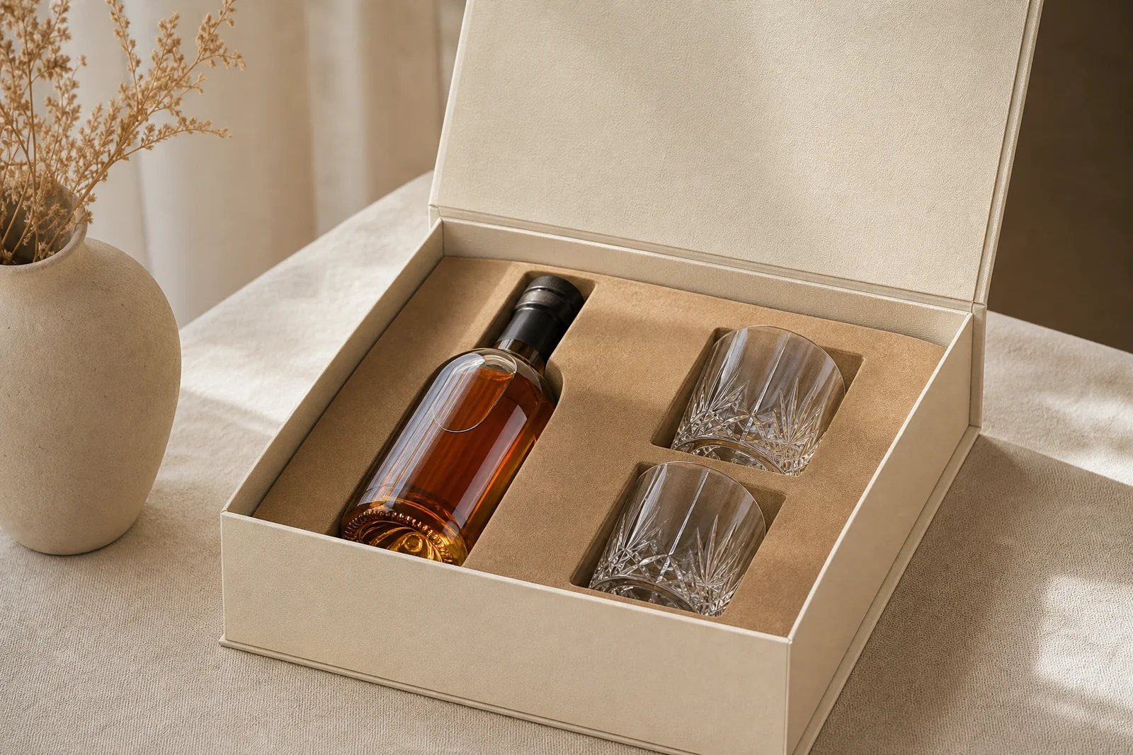 Premium spirits bottle and twin crystal glasses in a magnetic flip-top presentation box