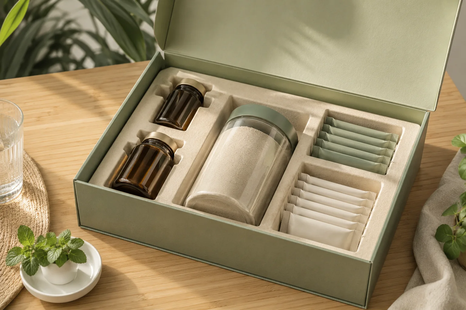 Sage wellness presentation box with bottles, powder jar and sachets