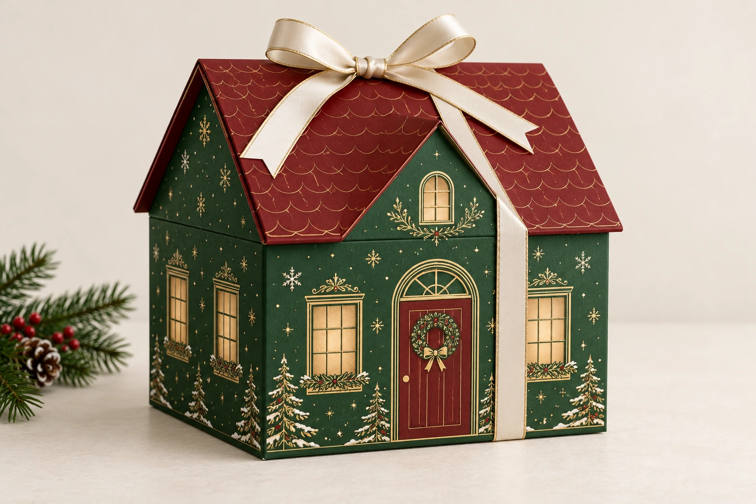 Christmas house-shaped gift-box design concept with green walls, burgundy roof and ivory ribbon