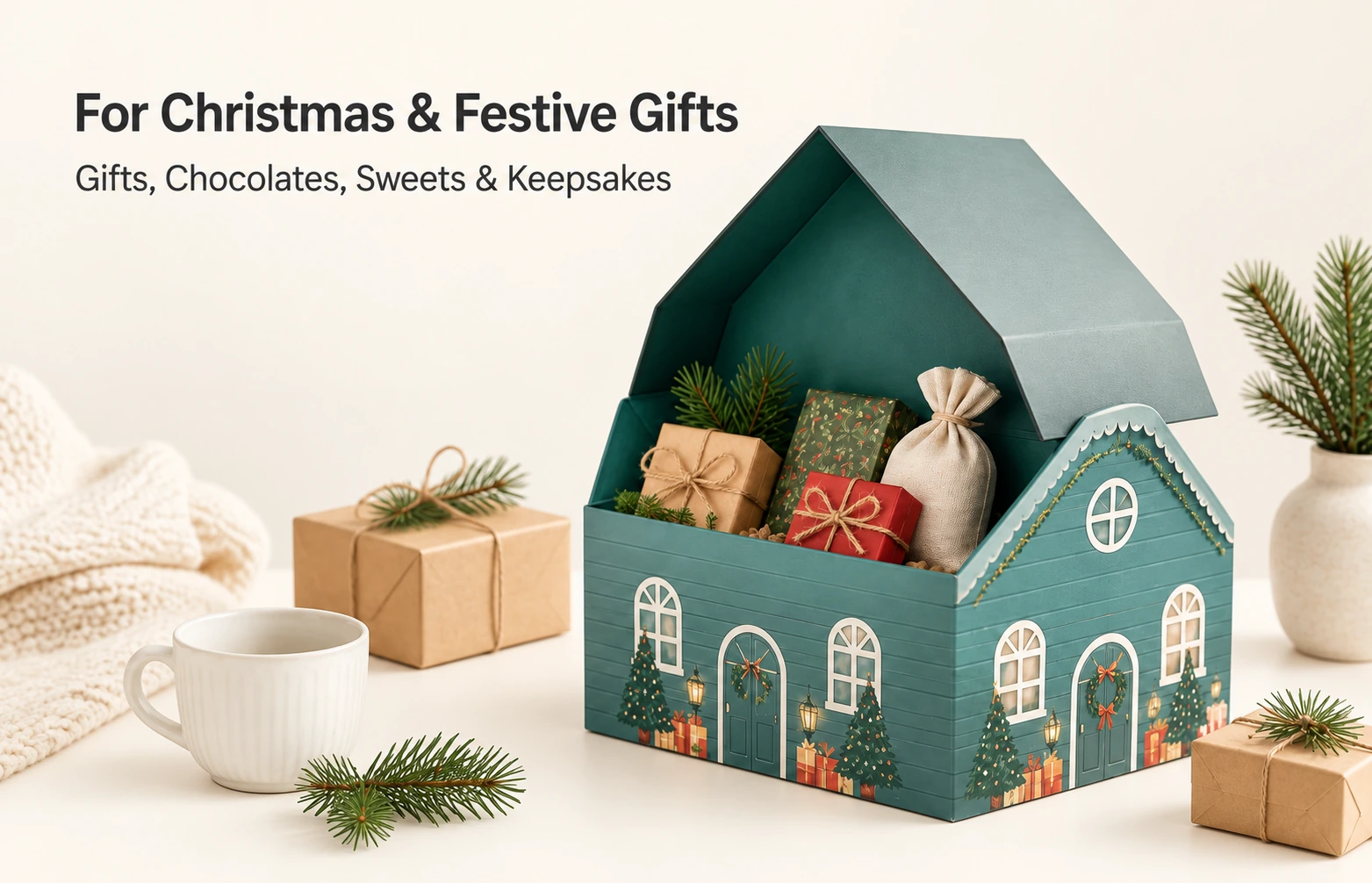 Christmas house gift-box styling with a green roof and individually wrapped festive gifts