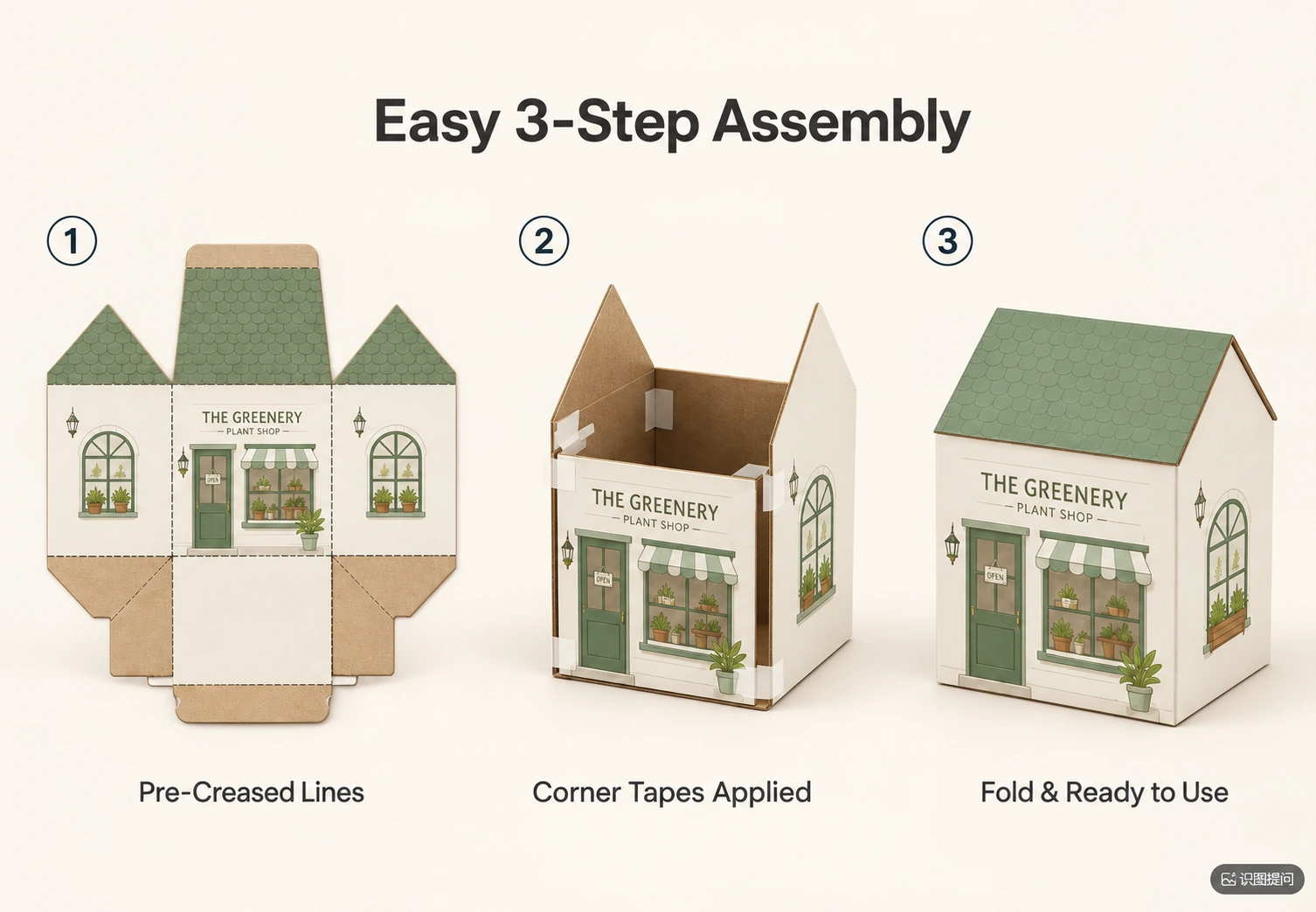 Three-step house-box assembly reference showing pre-creased panels, applied corner tapes and the finished box