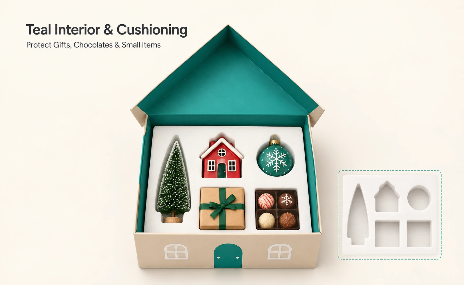 Teal-lined house gift box with shaped compartments for a miniature tree, house ornament, bauble, wrapped gift and chocolate assortment