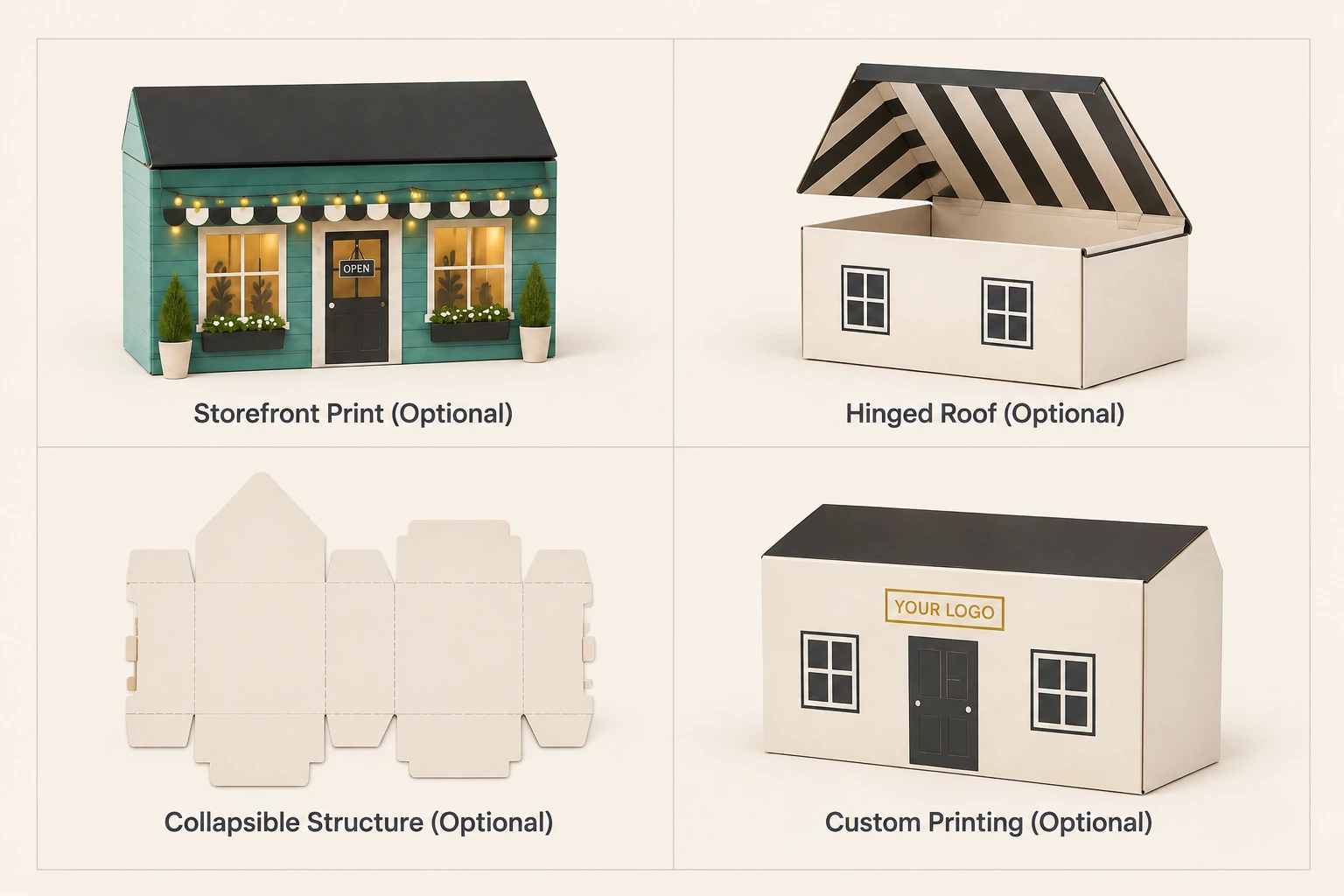 Four house-box design options showing storefront printing, a hinged roof, collapsible construction and custom branding