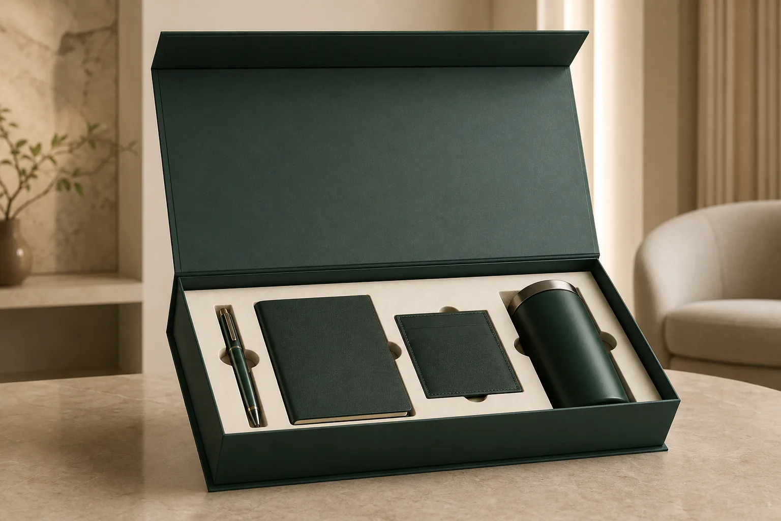 Forest-green magnetic rigid presentation box with fitted compartments for a corporate gift assortment