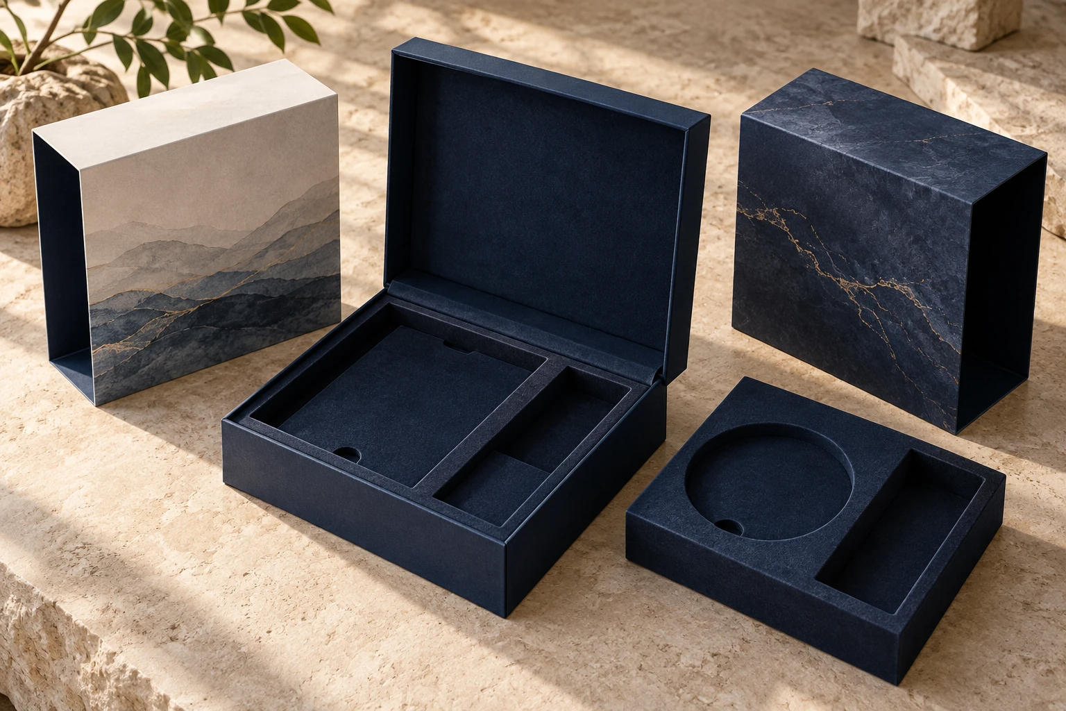 Midnight-blue rigid presentation box with a removable fitted insert and an alternate edition insert