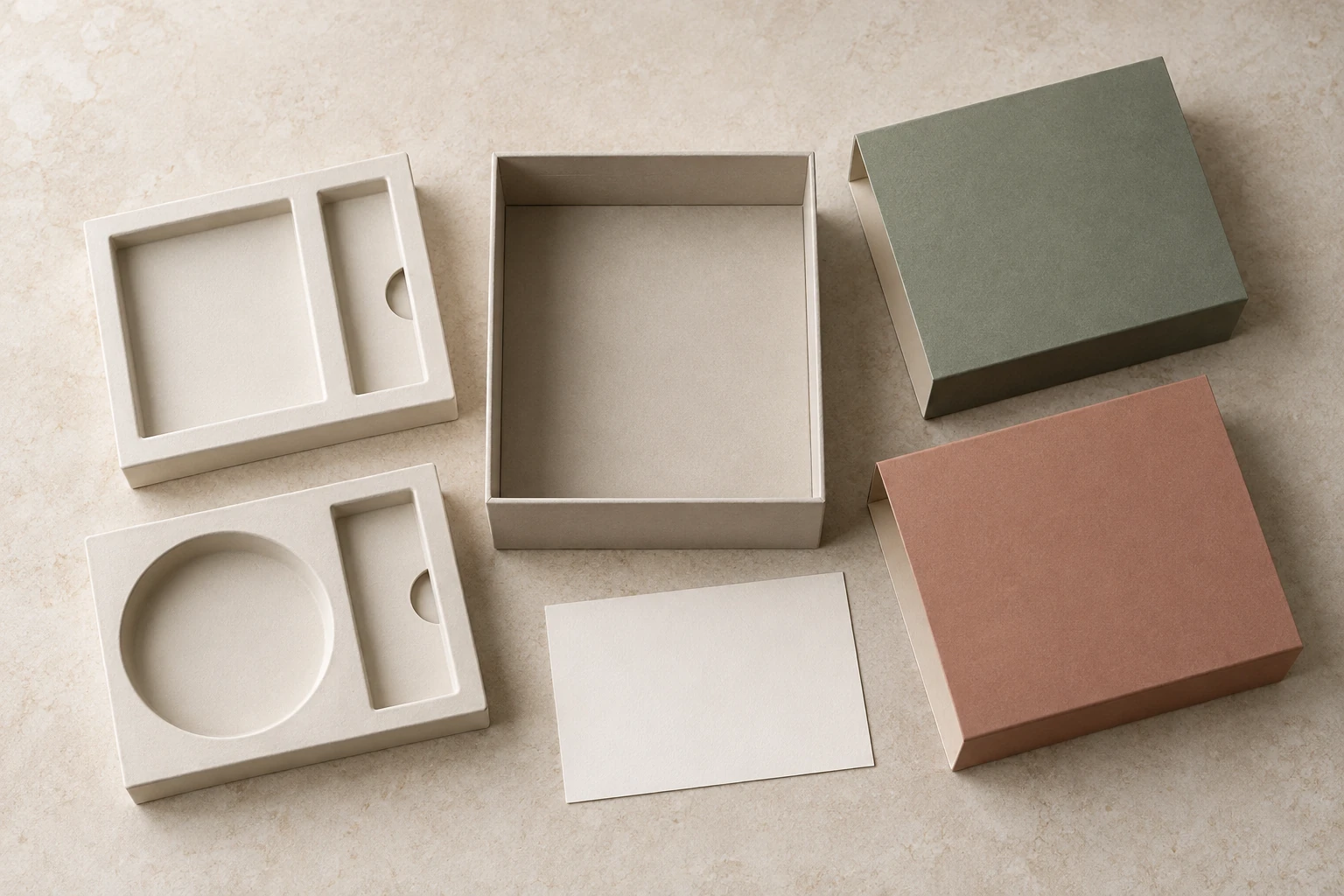Rigid box base, alternate fitted insert trays and blank sleeves arranged as modular edition components