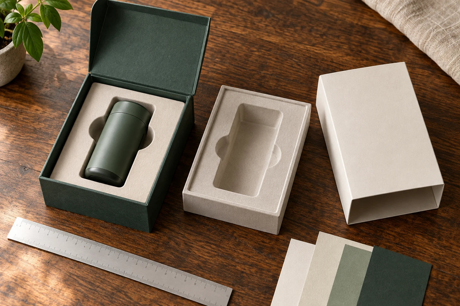 Open rigid box with a neutral sample object, fitted insert, alternate insert and edition sleeve for a fit review