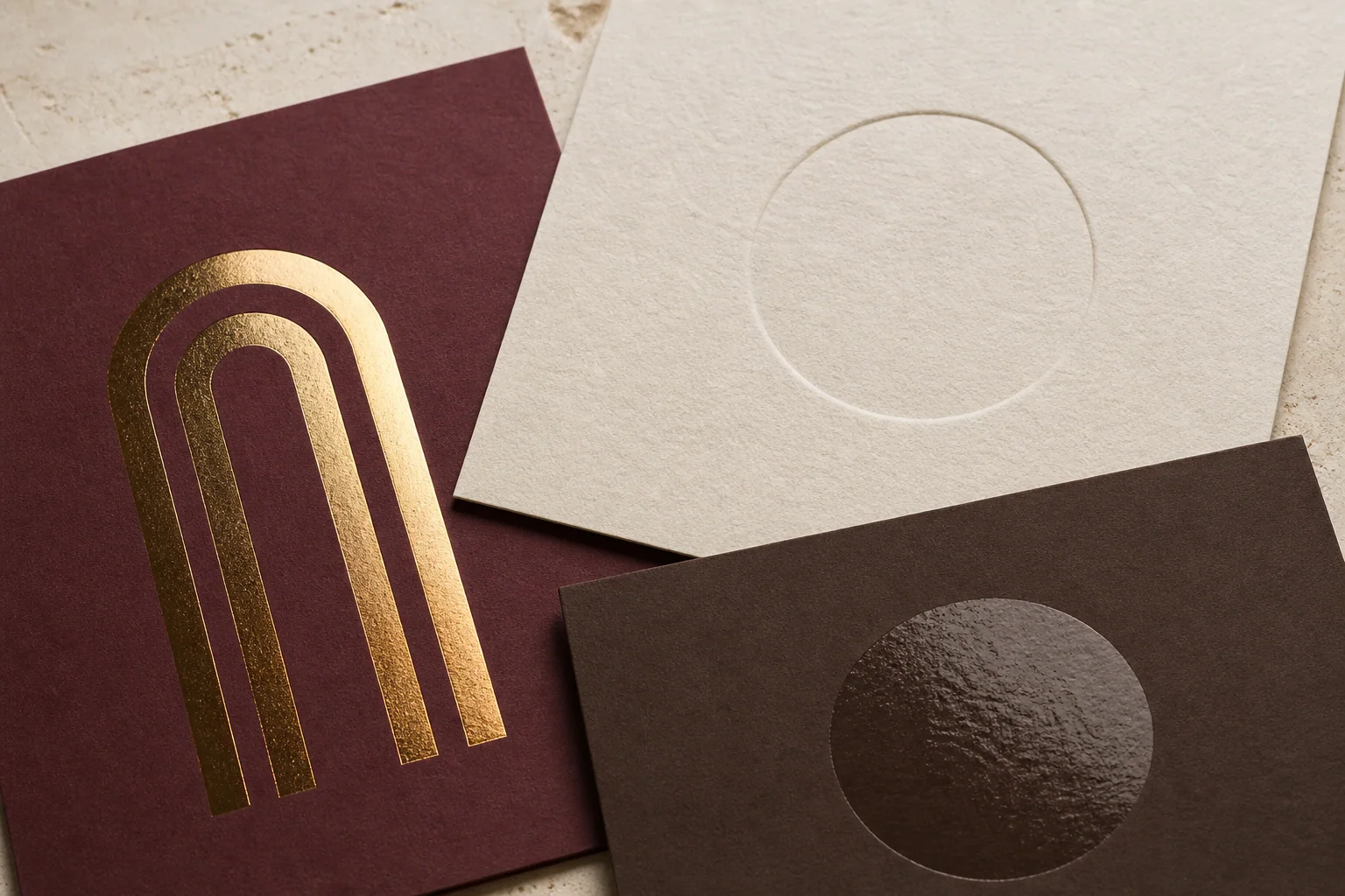 close-up study of gold foil, an indented paper motif and a glossy accent on matte stock