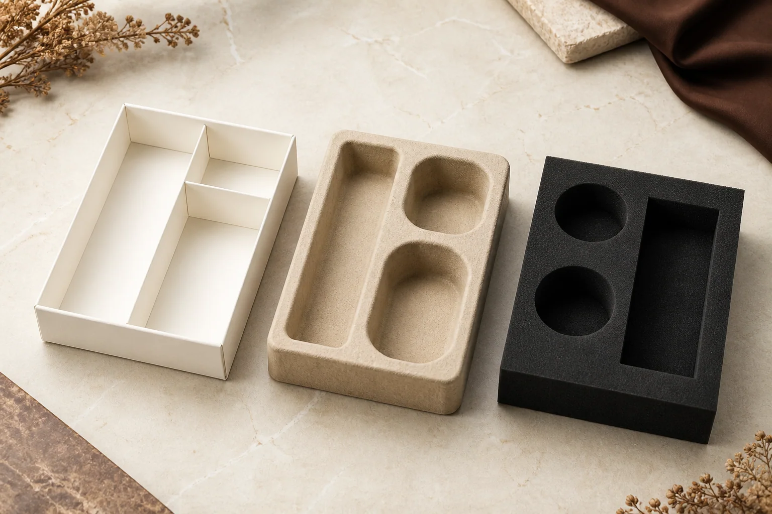 comparison of a folded paperboard tray, a molded-pulp insert and a charcoal foam insert