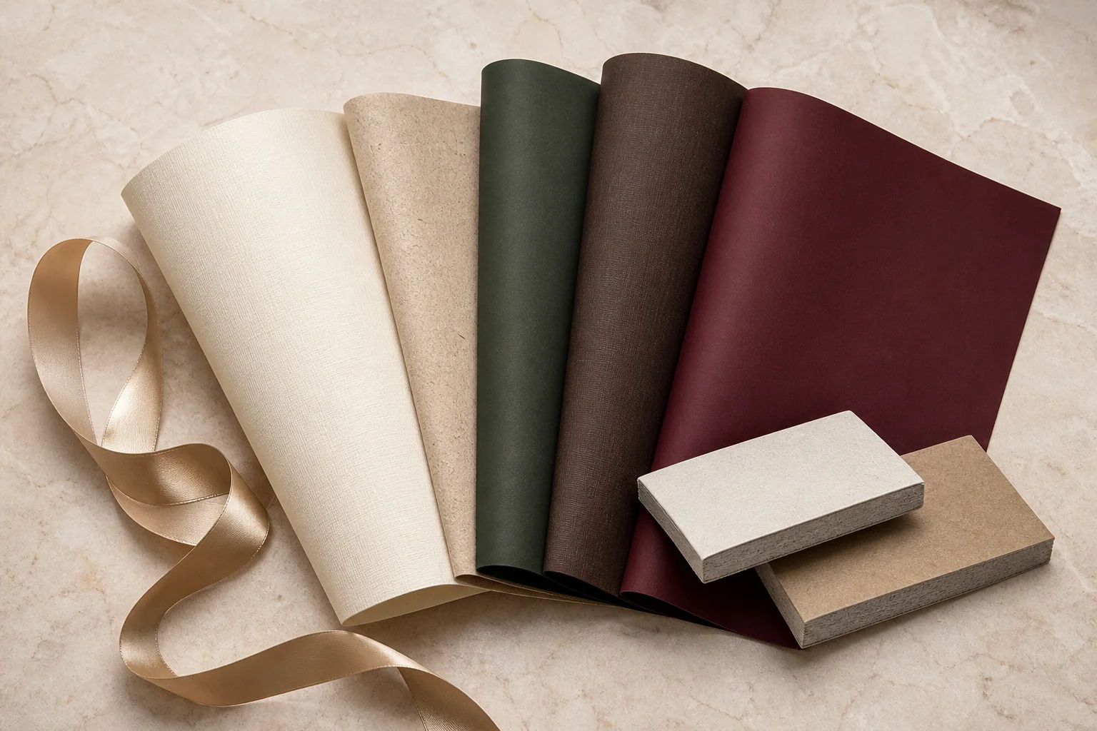 Concept illustration of ivory, kraft, green and burgundy wrapping papers with board samples and ribbon