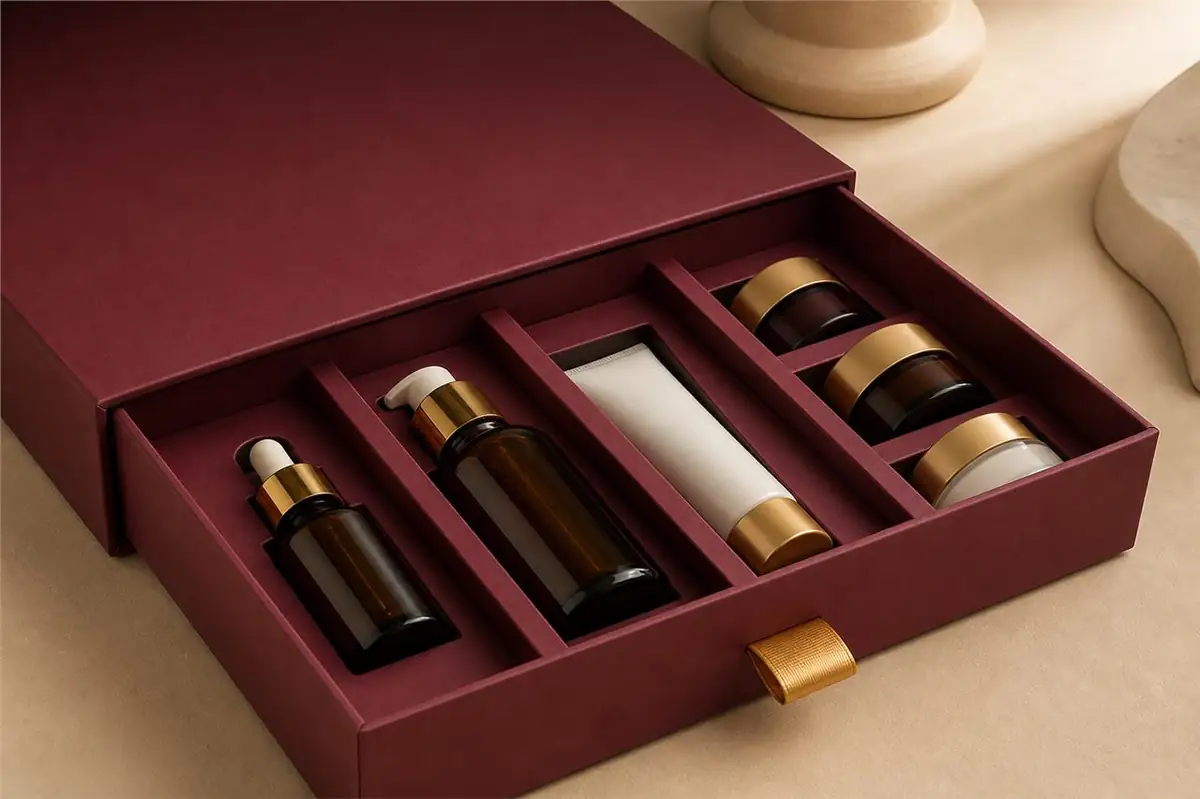 Burgundy skincare sliding drawer box