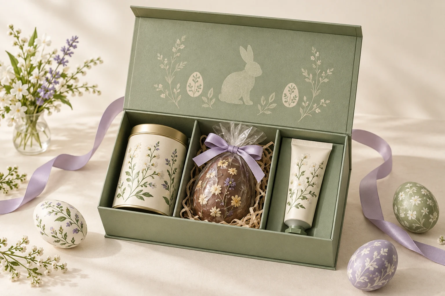 Sage Easter magnetic gift box with bunny artwork, tea, wrapped chocolate egg and hand cream
