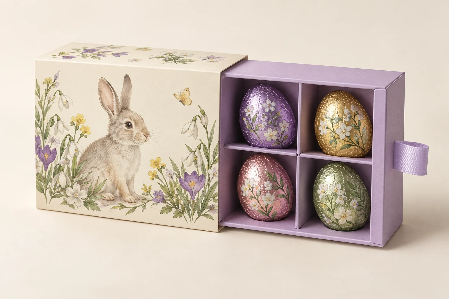 Lilac Easter drawer box with wrapped chocolate eggs and a removable botanical rabbit sleeve