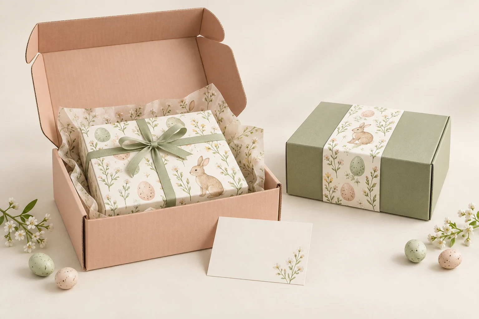 Peach Easter mailer with bunny gift box, tissue and card beside a sage box with seasonal band