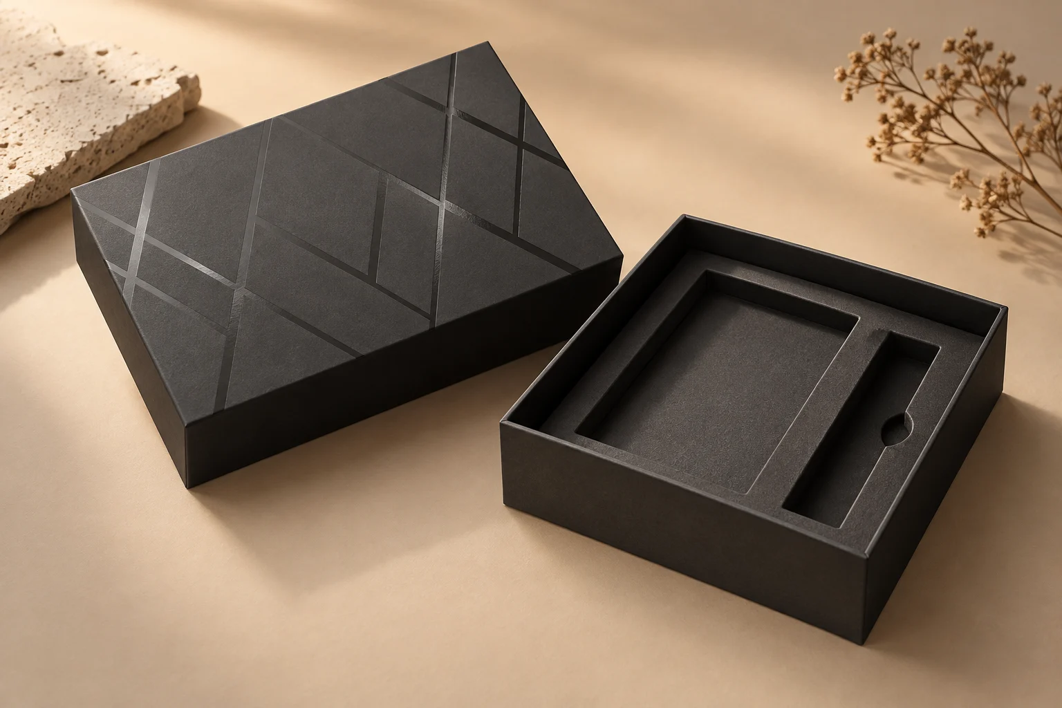 Charcoal presentation box with selective gloss geometric pattern and fitted insert
