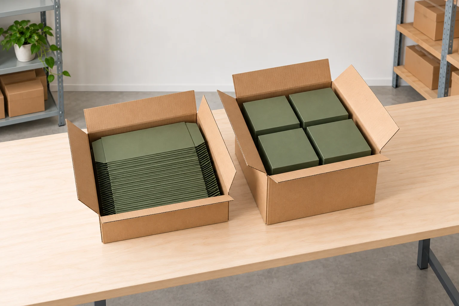 Shallow master carton of collapsed gift boxes compared with a taller carton of assembled gift boxes
